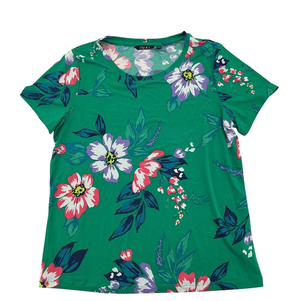 IMAN Floral Print Short Sleeve Top Womens Size L Green Botanical Stretch Knit